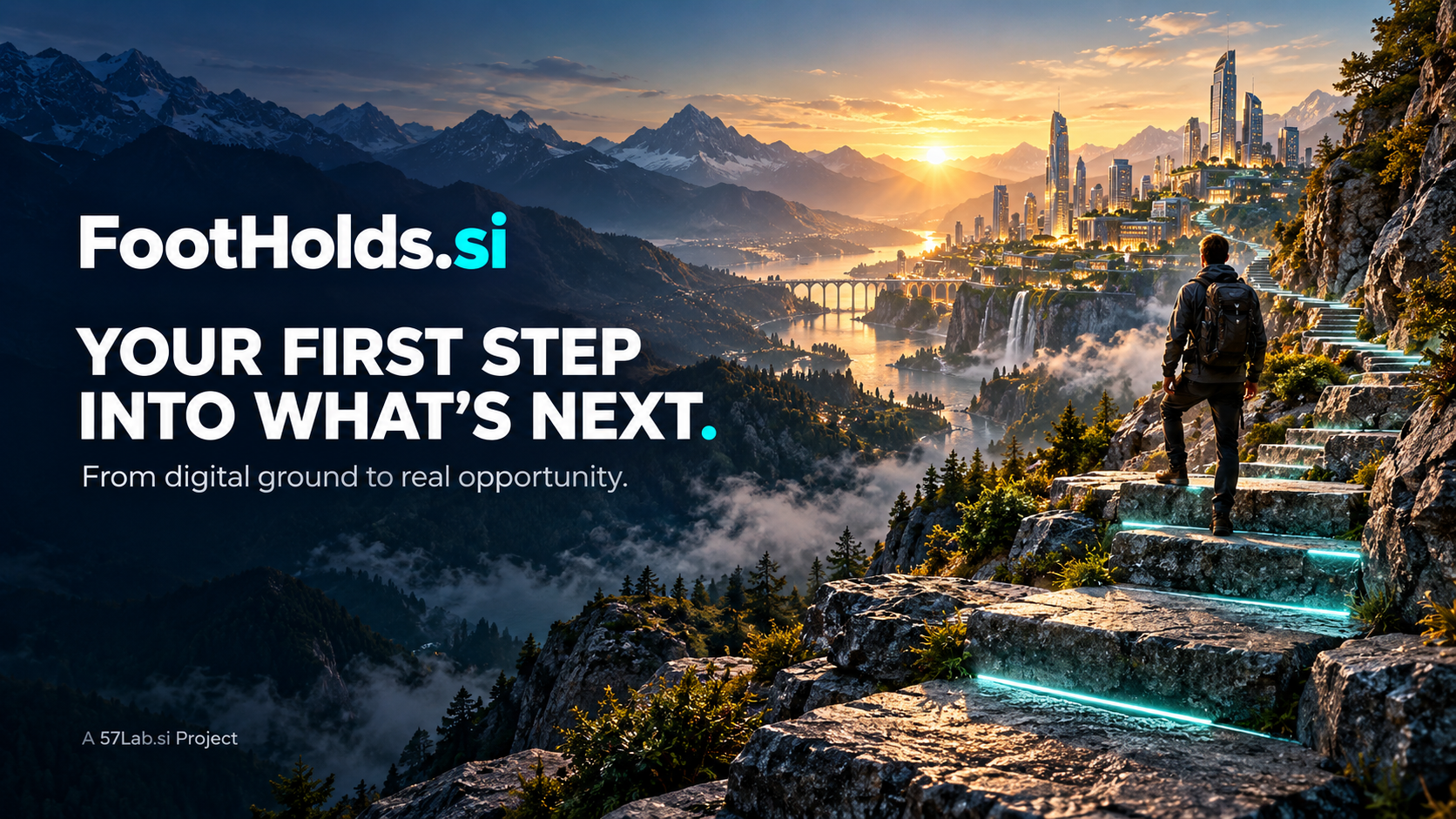 FootHolds.si. Your first step into what’s next. A mountain path with turquoise-lit steps leads toward a city at sunrise. A 57Lab.si Project.